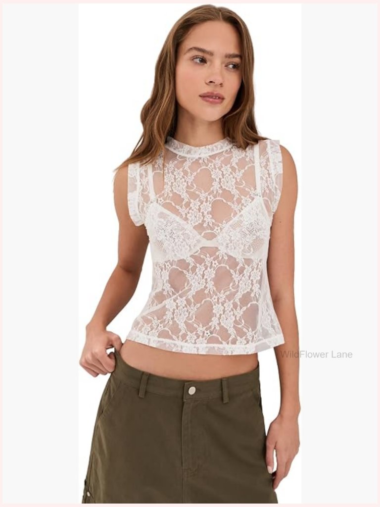Lace Mesh Sleeveless Crew Neck Tank Top Lightweight Stretch